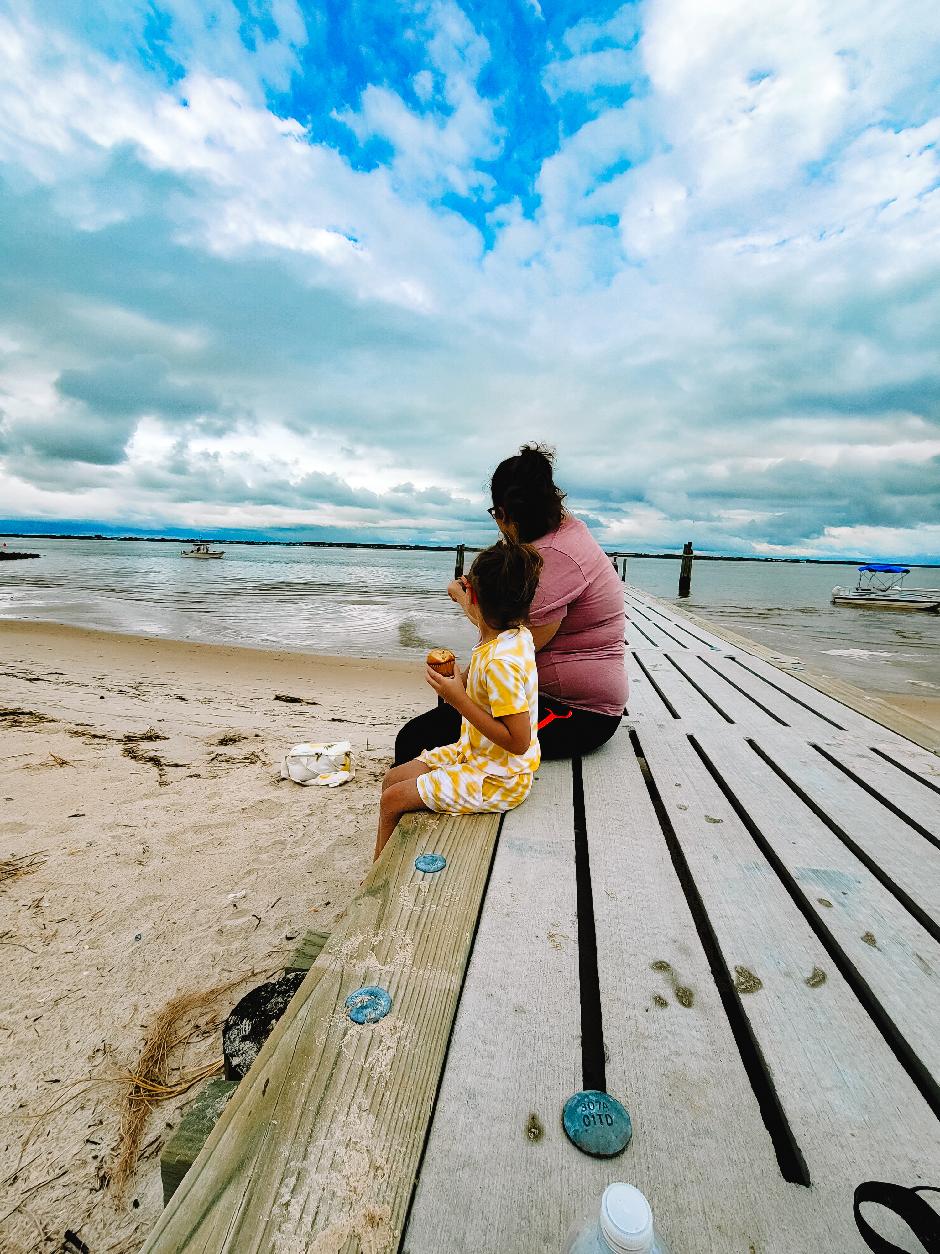 Enjoying a snack on the pier on Shakelford Island...