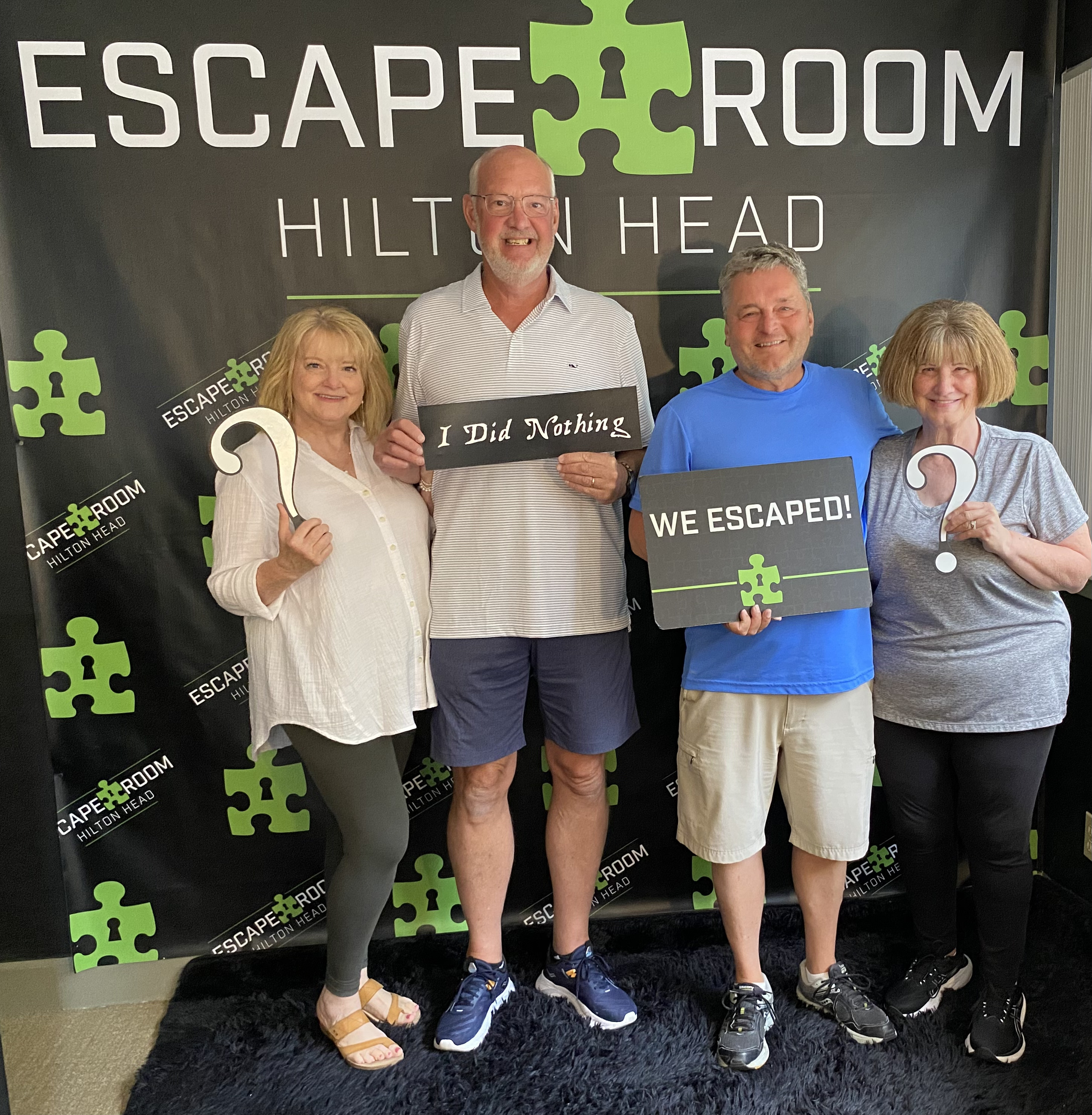 My wife and I and her sister and her husband recently stayed at the Hilton Head Beach Club.   We had a wonderful time in HIlton Head, including trips to the beach, pool, and many HH restaurants.  But one of our most enjoyable times was a trip to the Hilton Head Escape Room which was within walking distance of our condominium.   As you can see, we made it out alive!